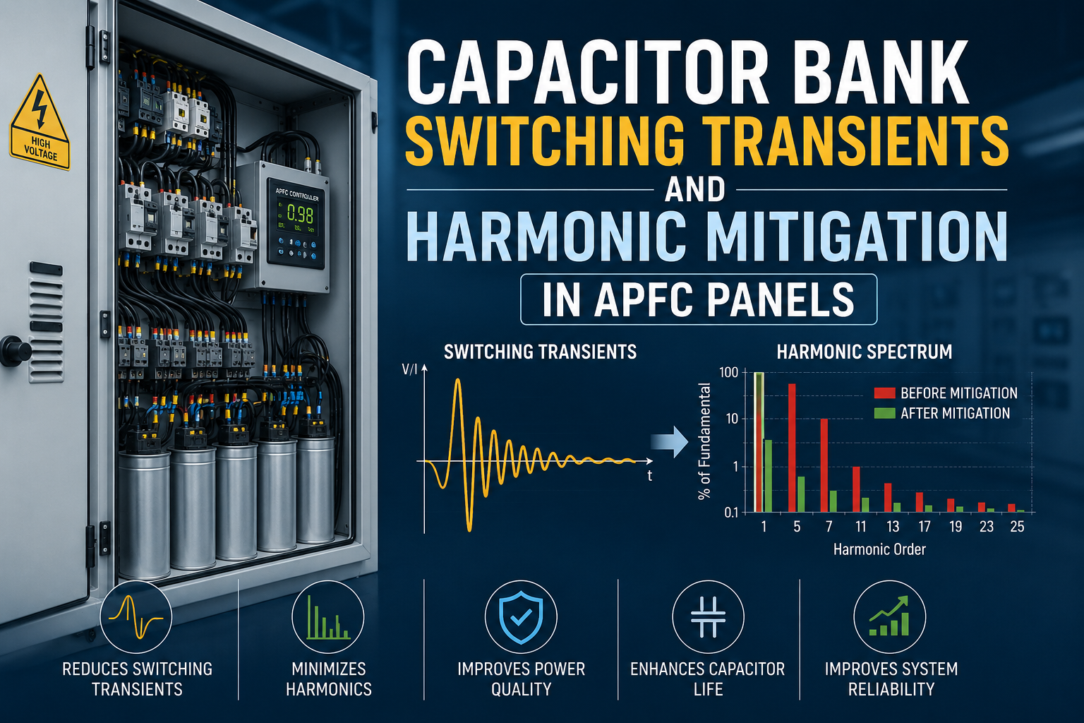 Capacitor Bank Switching Transients and Harmonic Mitigation in APFC Panels with harmonic spectrum analysis, capacitor bank assembly, and power quality improvement illustration.